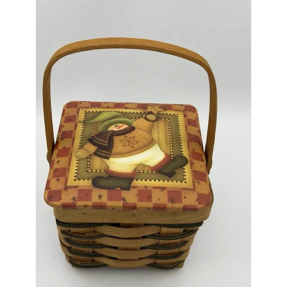 Vintage Winter Magic Holiday Snowman Wooden Square Lidded Handled Basket Brown